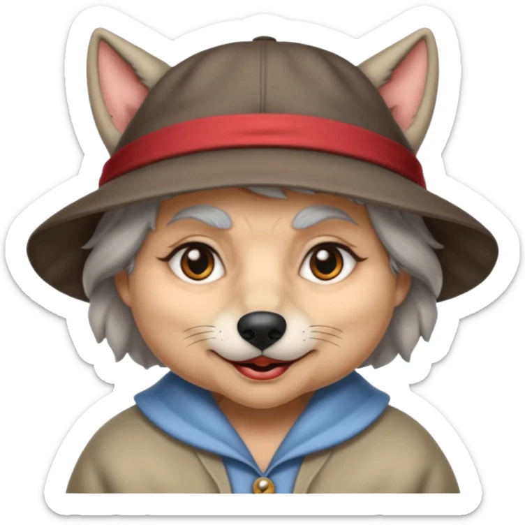 The big bad wolf is wearing Grandma's clothes and a hat, yet its face still looks like a wolf's. sticker