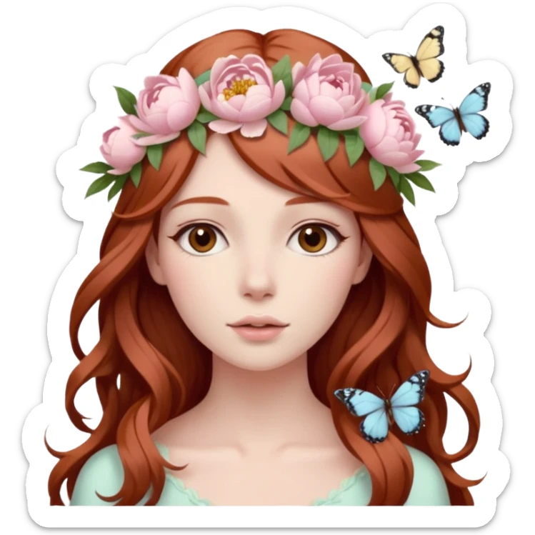 Woman with long flowing auburn hair wearing a pastel flower crown with pale pastel pink peonies and cream colored roses and butterflies in it sticker