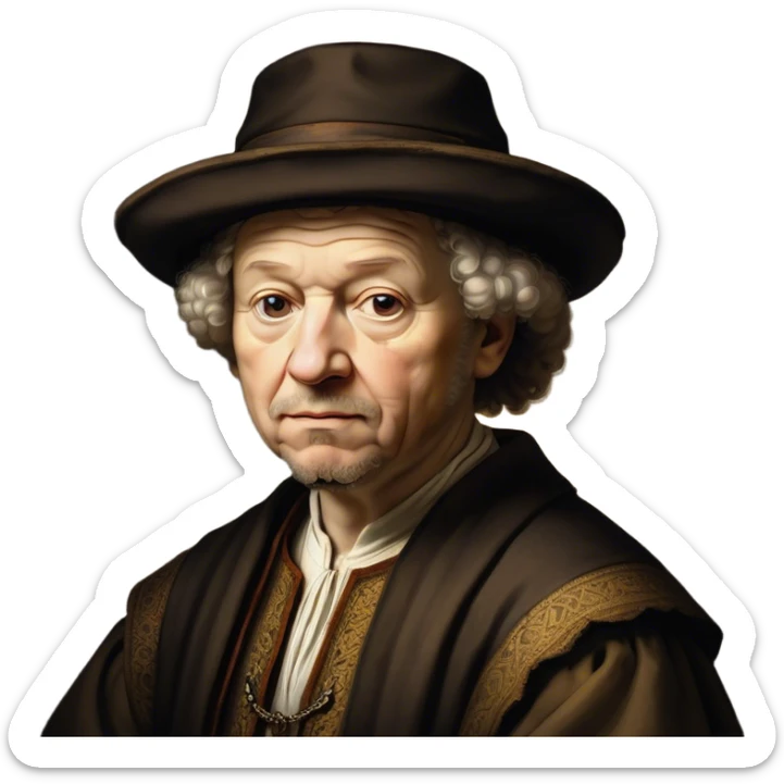 Cinematic Realistic portrait of Rembrandt, shown as a master artist with deep, introspective eyes and richly detailed period clothing, rendered with dramatic chiaroscuro lighting that emphasizes his legacy sticker