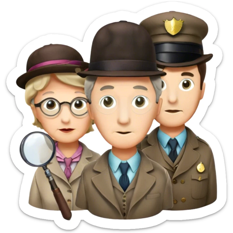 Icon for Detective Movies: A colorful collage with Sherlock Holmes, Miss Marple, and Pinkerton. Include magnifying glasses, clues, detective tools, a criminal and a policeman in the background. The design should evoke mystery and intrigue, with a classic detective movie feel. Transparent background. sticker