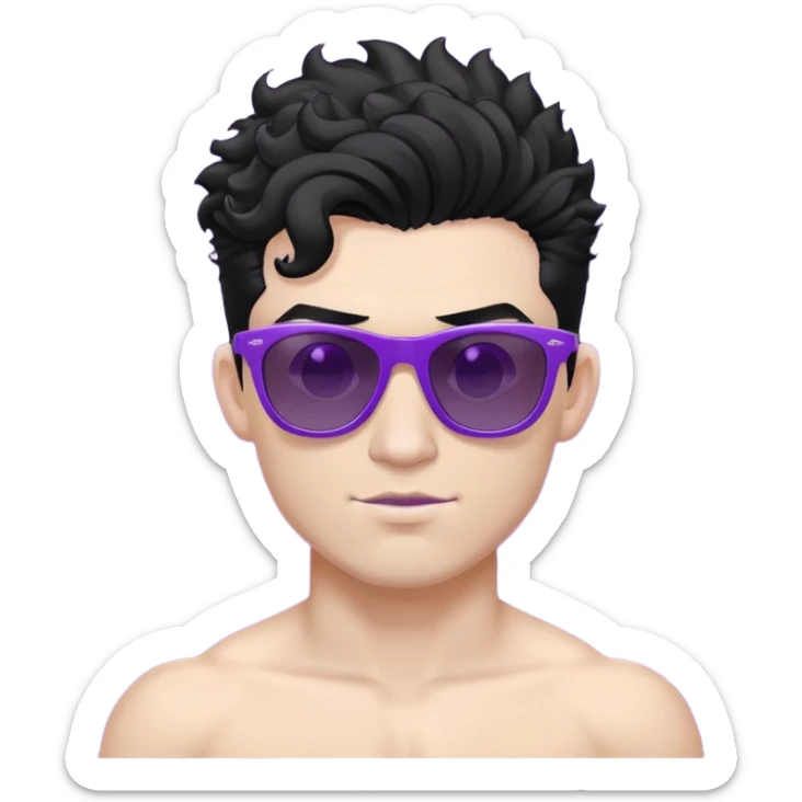 shirtless male athlete with white skin and moderately curly black hair on top with shaved sides, wearing purple sunglasses with black tinted lenses sticker