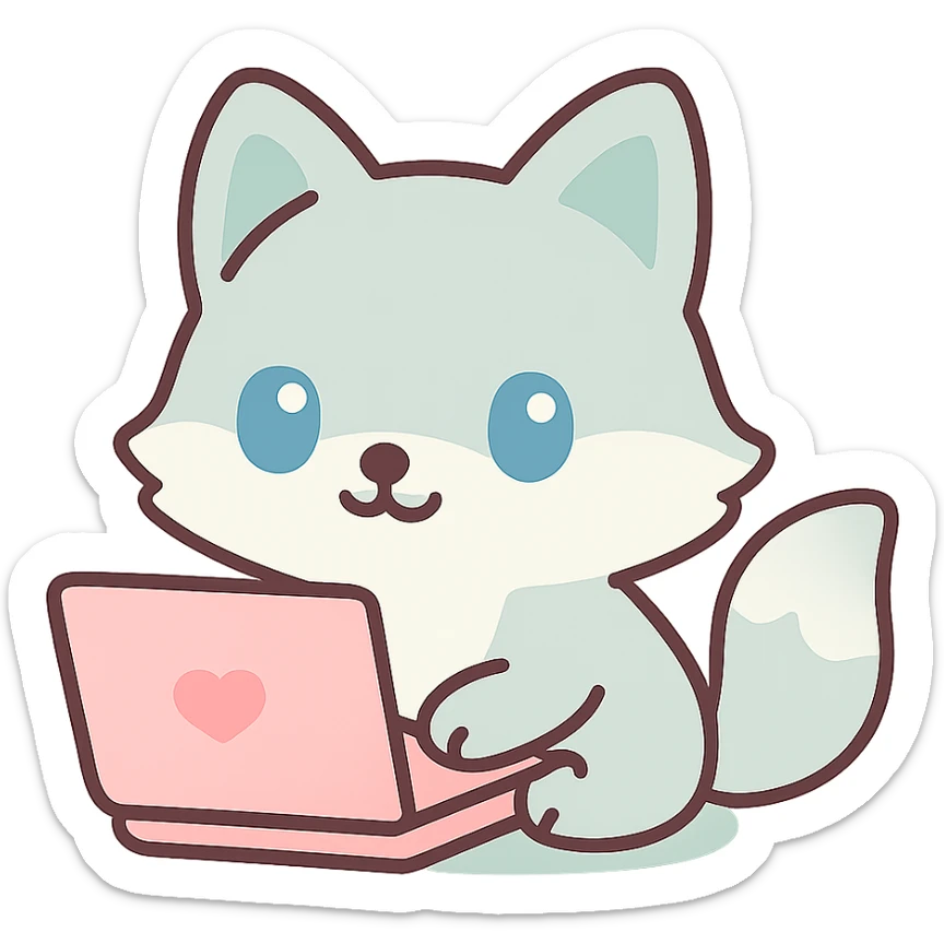 Change the animal to a silver fox typing on a laptop, keep the kawaii style, transparent background. sticker
