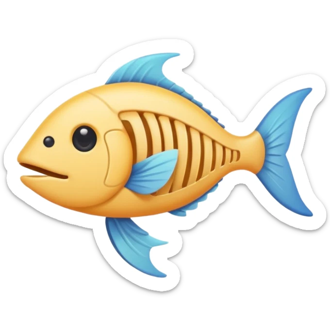 A simple emoji-style fishbone — cartoon look, clean outline, pastel colors, with a rounded fish head, hollow eye, and clear rib bones leading to a tail. Minimal, cute, and high contrast without any cat shown sticker