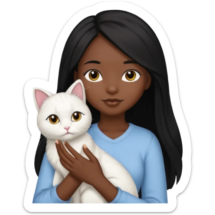 black girl with straight long black hair with a side part.  holding a female white cat sticker