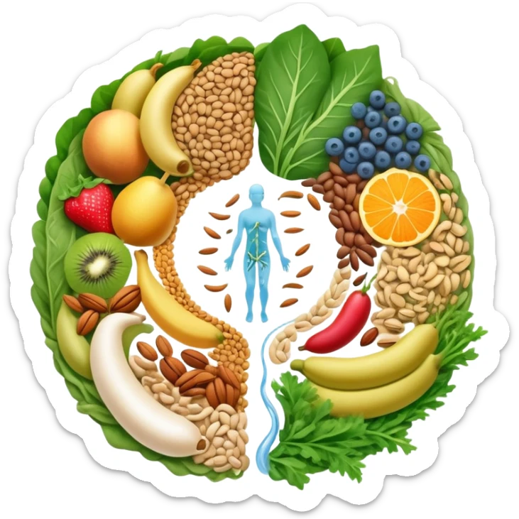 Whole grains, beans, lentils, colorful fruits, leafy greens, and small nuts surrounding an ethereal digestive system with visible intestinal tract. Gentle cleansing light flows through the intestines like a magical river, showing fiber's purifying effect. sticker