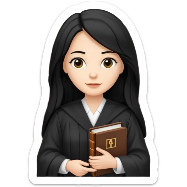 white-women-with-long-black -hair-lawyer-in-lawyer’s-robe. Have law book in hand with bookshelf full of law books in the background. sticker