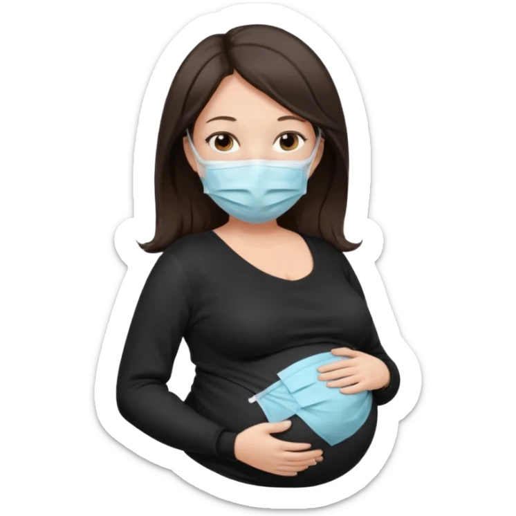 a pregrant lady with dark brown hair? Hair lengt above shoulder, wearing medical face mask, i wanna see the pregnant belly with black sweater sticker
