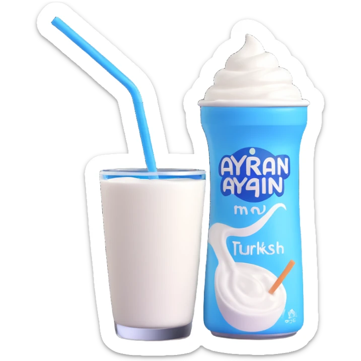 A small carton of Turkish yogurt drink (ayran) with a straw, white and blue packaging sticker