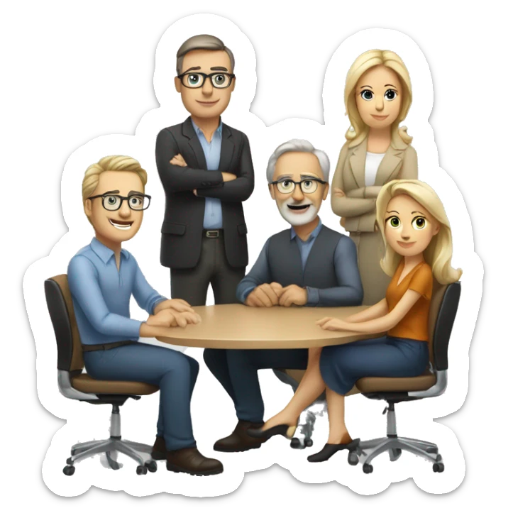 4 people sitting around a meeting table, the people should look like they are at lest 50 years old Caucasian dressed in neat casual attire. sticker
