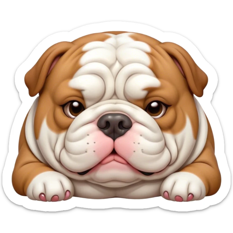 Cinematic Meme-Worthy Chubby Sleeping Brown and White English Bulldog Portrait Emoji, Head resting peacefully with a contented smile, showcasing a delightfully chubby build and a luxuriously soft brown and white coat, eyes shut in a serene nap, Simplified yet hilariously adorable features, highly detailed, glowing with a soft, drowsy light, high shine, relaxed and utterly lovable, stylized with an air of playful laziness, bright and heartwarming, soft glowing outline, capturing the essence of a comically sleepy guardian, so meme-worthy it feels like it could instantly become the next viral sensation of adorable slumber! sticker