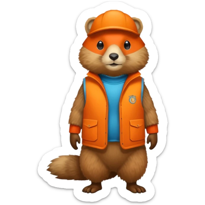 crea una marmota de cuerpo completo, que lleve un chaleco color naranja y que en el chaleco lleve el nombre (telamon) sticker