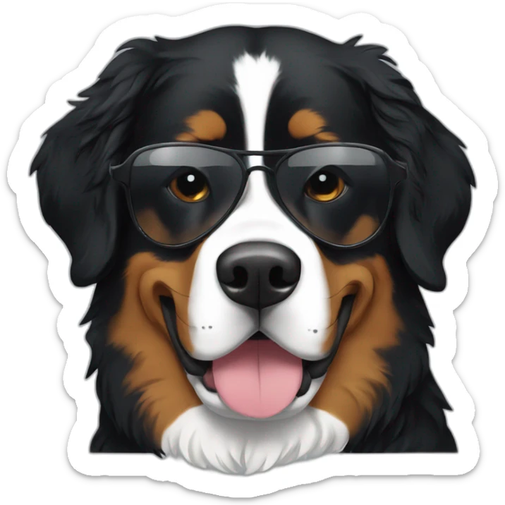 Bernese mountain dog wearing sunglasses and a hoodie sticker
