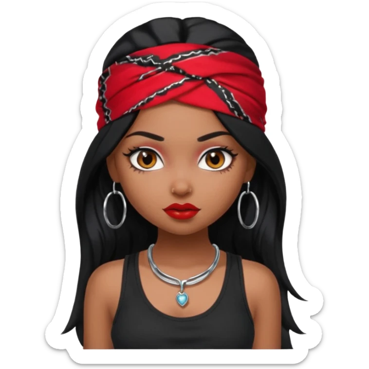 a pretty bratz dusky girl with long black hair, kajal under eyes, small silver hoop. black tank top on. Red bandana on sticker