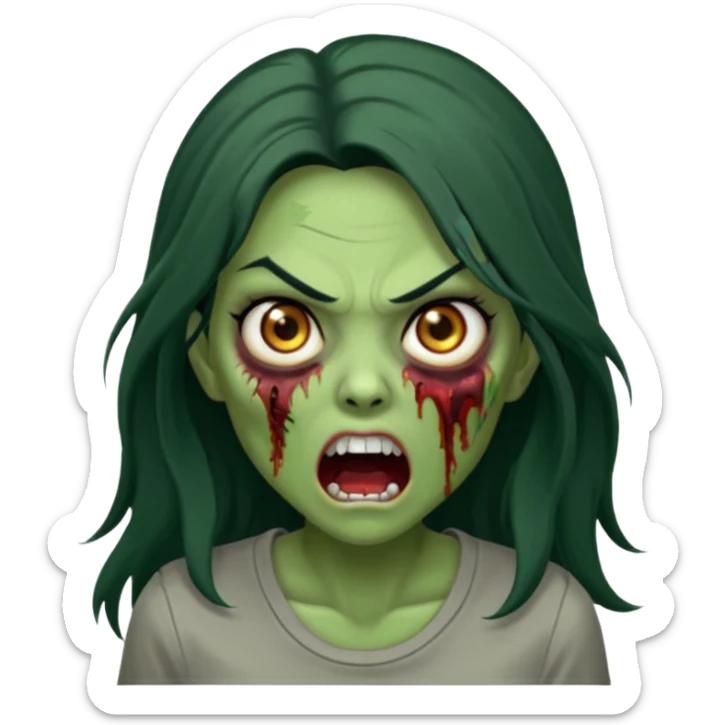 Uma zumbi mulher, verde, do cabelo longo e preto, com uma blusa marrom meio cinza, com uma expressão como se fosse atacar, boca aberta e olhos arregalados sticker
