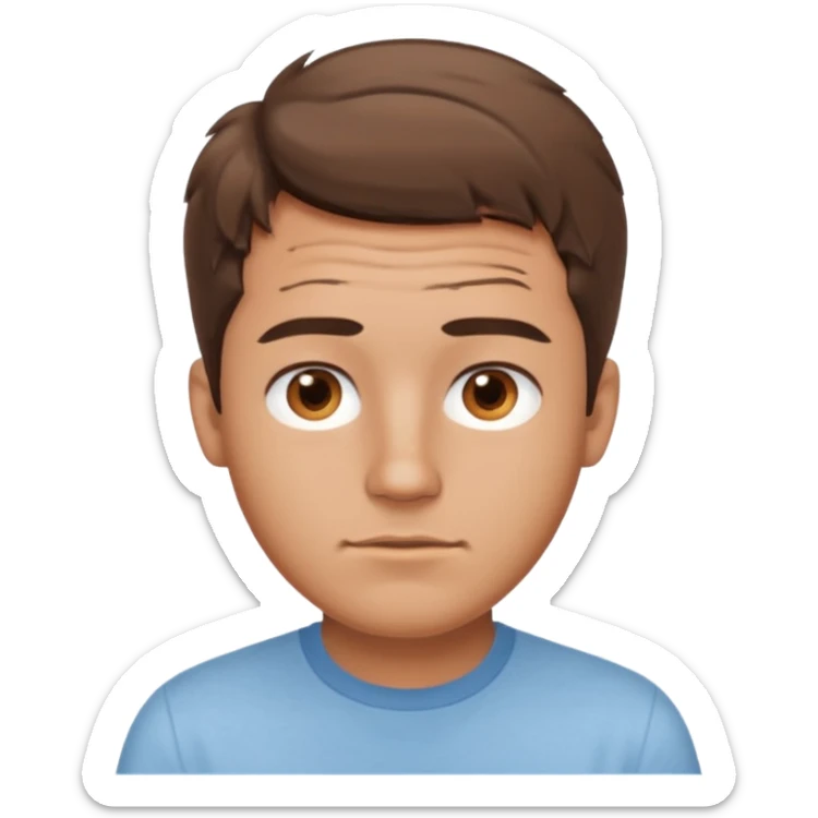 create an emoji of a young man, oval face. No wrinkles. he has an American look, very messy brown hair, brown eyes, very slightly tanned skin, natural lips. he wears a short sleeve light blue shirt sticker
