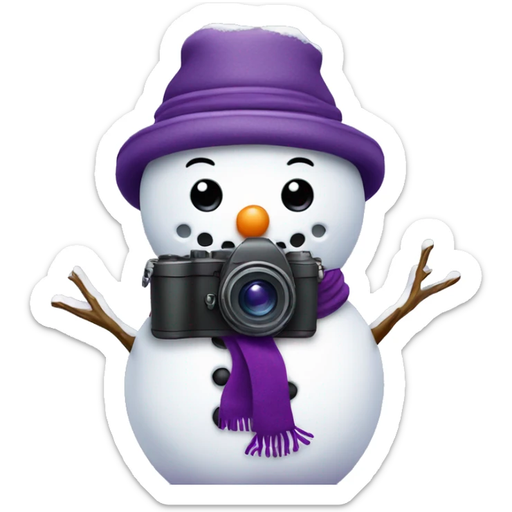 cute snowman with a purple hat and purple scarf holding a camera  sticker