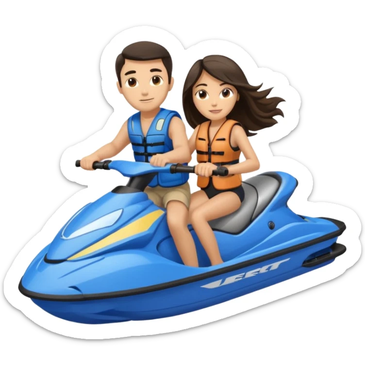 Light tan male dark hair & light tan female long dark hair on a blue jet ski no sunglasses sticker