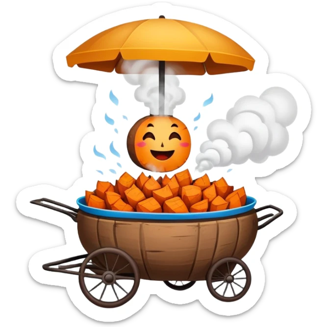 Street vendor roasted sweet potato with steam rising, simplified emoji style with bold outlines and bright colors, cartoon style hot Kao Hong Shu sticker