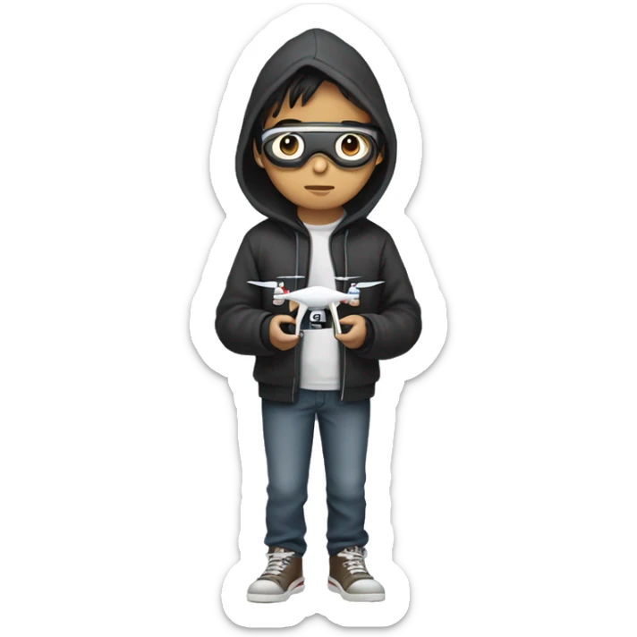 full body, male asian teenager in hoodie standing, holding a drone controller, wearing a goggle sticker