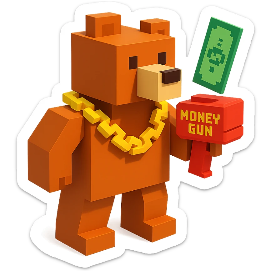 A grizzly bear with a chain and a money gun, voxel style, facing right sticker