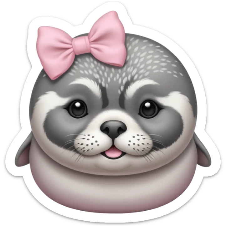 Crea una foca anillada gordita con aspecto tierno, lleva un moño rosado con tonos pasteles sticker