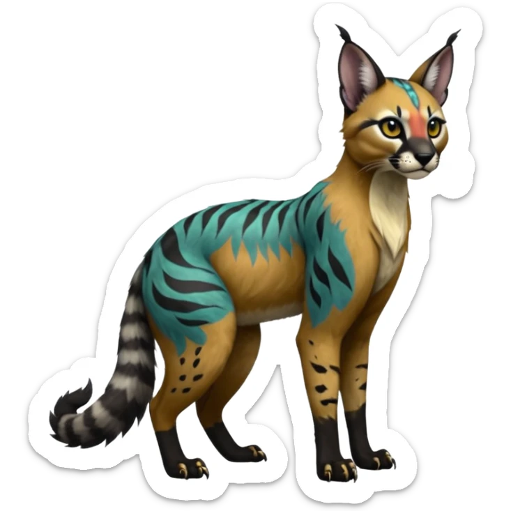 Colorful dark black gloomy spooky pointy foggy smoky points-marked tribal patterned glorious colorful hyper-realistic exotic cute cool beautiful beautiful fantasy-caracal-civet-genet-sergal-vernid-Gryphon-Cacomistle-Trico-oncilla-animal-Fakémon-hybrid-fursona (full body) sticker