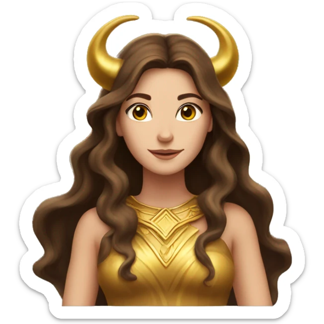Fair Brunette goddess with Long brown hair and gold horns  sticker