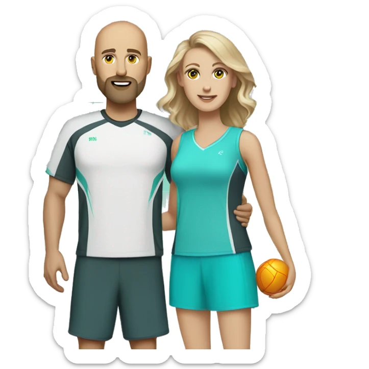 White couple, 35 yro, in pickleball clothes. Male bald= aqua eyes, beard, white, bald, and aqua eyes. Female = long light brown hair, aqua eyes.  sticker