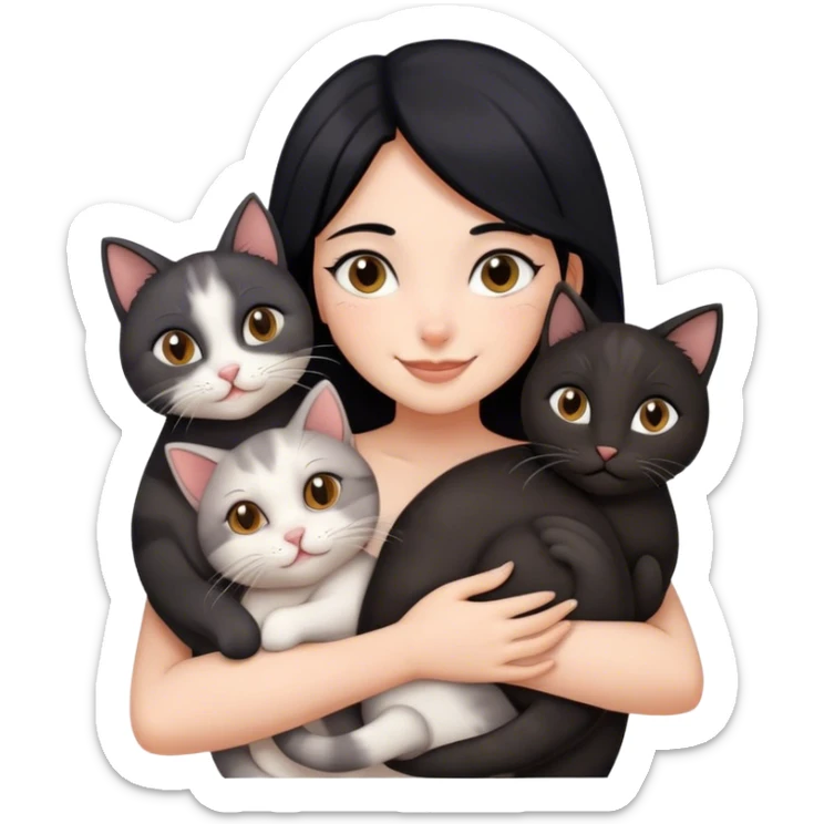 happy girl with black hair hugging three cats  (black cat, gray cat, brown calico cat) sticker