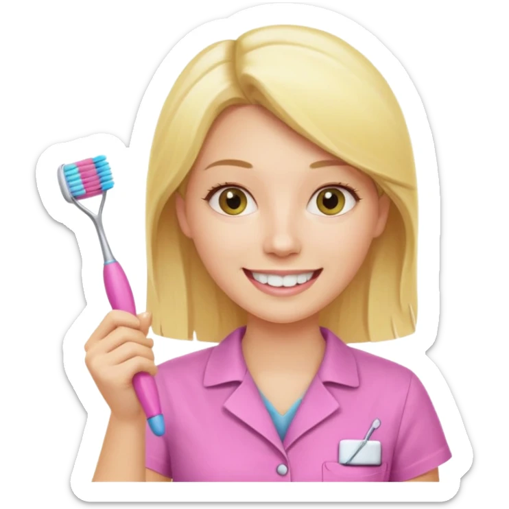 dentista mulher, loira, pele branca, camisa rosa, segurando uma escova de dentes amarela e sorrindo transmitindo verdade e confiança sticker