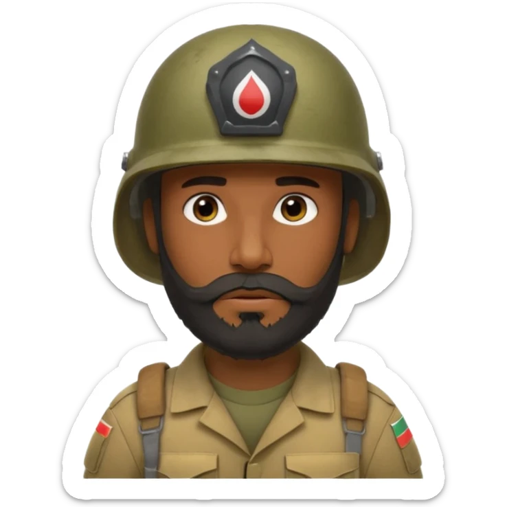 very tired, dark, Iraqi soldier in a helmet, helmet without insignia, with a beard sticker