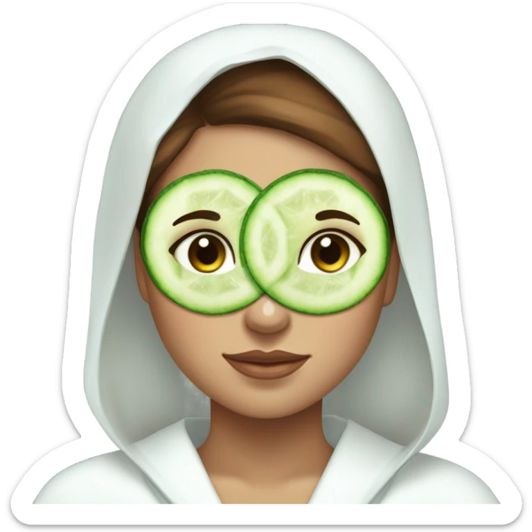 Girl with freackles Brown hair white skin and blue eyes wears Green skin care mask while She relaxes and two round piece cucumber on her closed eyes In a white Robe sticker