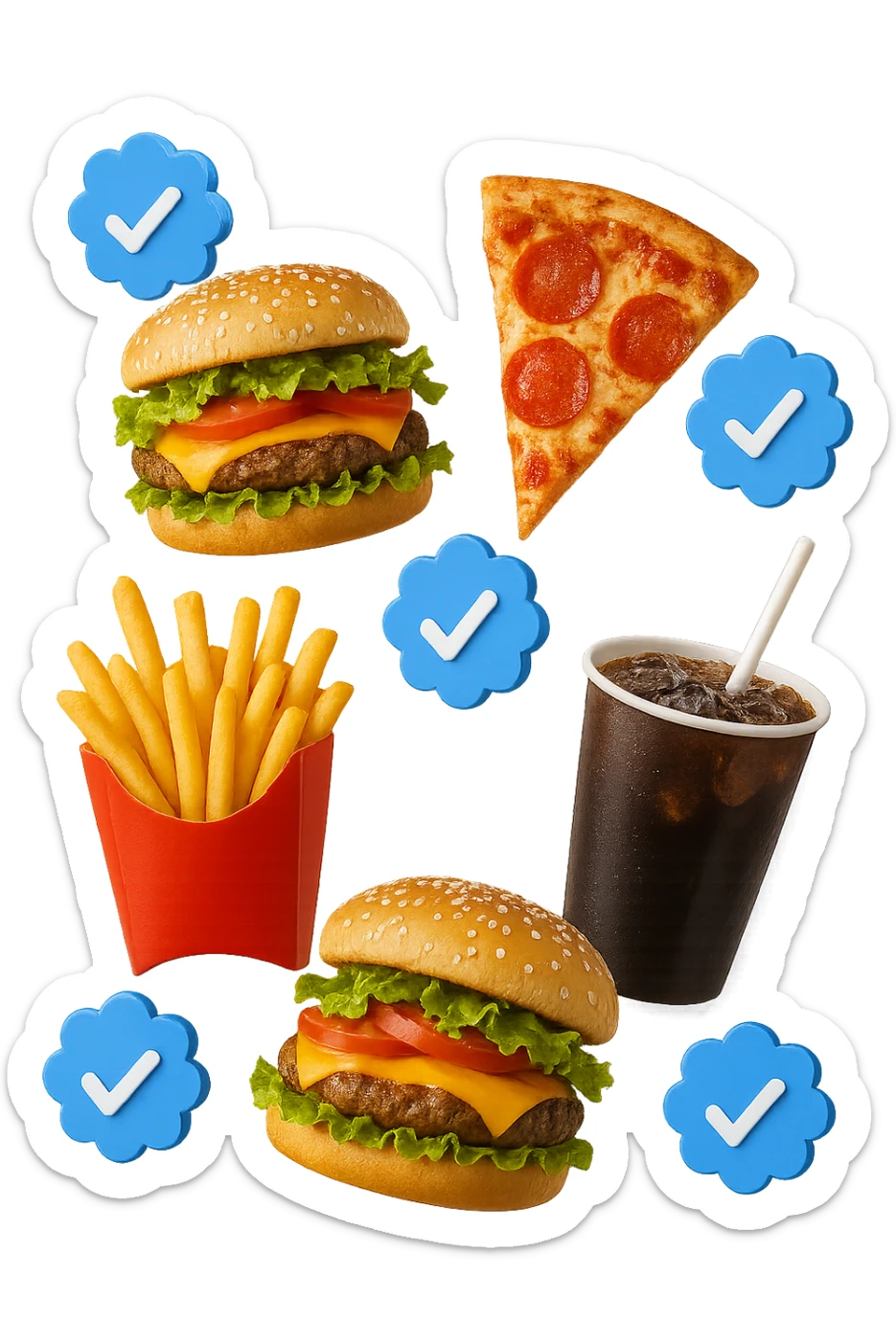 fast food realistico fluttua in aria insieme a spunte di verificato in 3d sticker