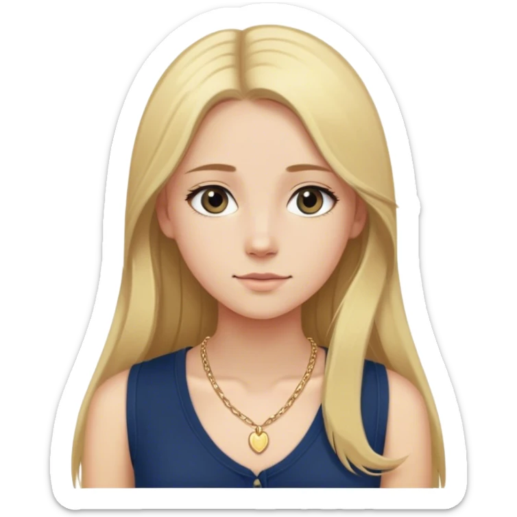 white skinny girl with long blonde hair straightened with a MIDDLE part. She is wearing a sleeveless navy blue Henley shirt with a small dainty girly gold necklace sticker