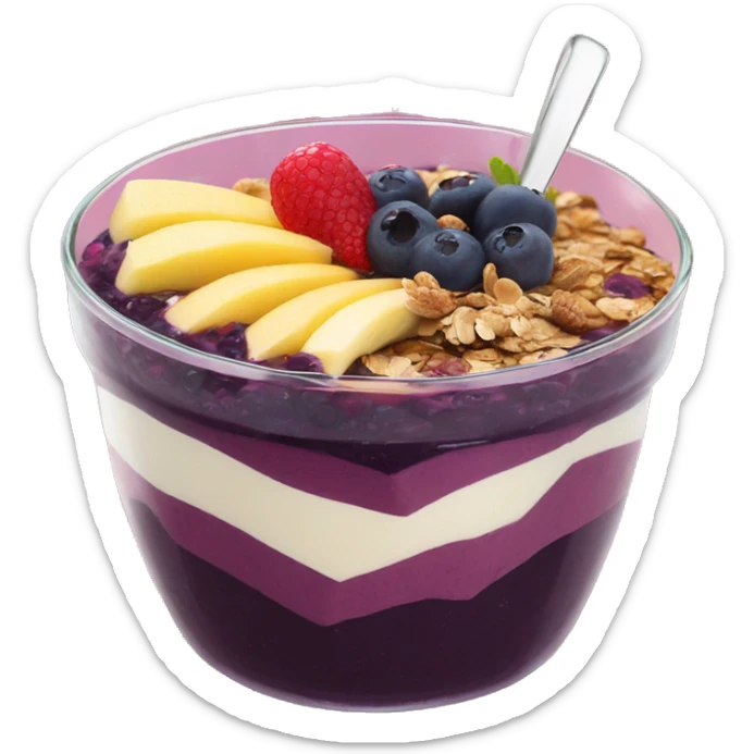 Açaí in a clear cup with layers of fruits and granola and condensed milk sticker