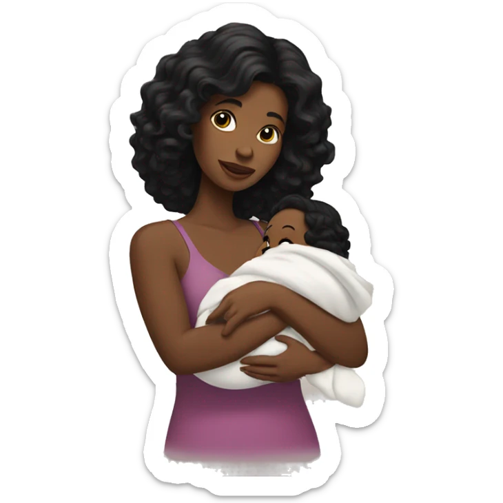 White woman with wavy black hair holding baby girl  sticker