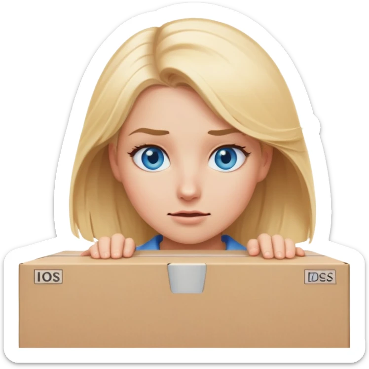 blonde woman with blue eyes and blonde hair pushing a moving box with a struggling face  sticker