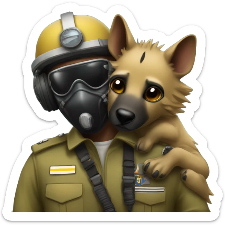 Yellow army Pilot with black mask googles, and then a big hyena kissing him sticker