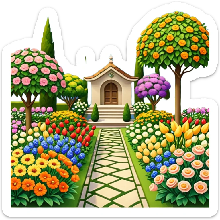 Still life, picturesque highly detailed garden adorned with diverse, vibrant flowers in full bloom, masterpiece,  dpi 300, 8k. sticker
