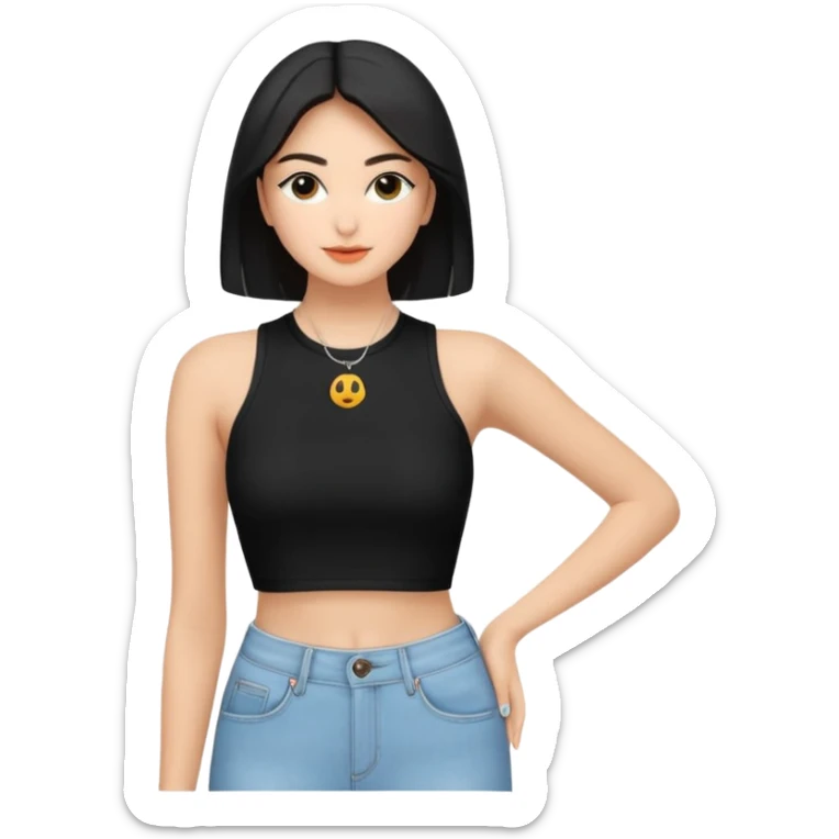 Siyah uzun saçlı siyah ceket  polar ceket ceket gevşek biraz omzundan çıkıyormuş gibi ve bugday ten rengi soltaraftaki omzundan çıkık sadece içinde de siyah crop var crop açık esmer esmer ceketin içinde siyah crop var ceket fazla omzundan çıkmasın  sticker