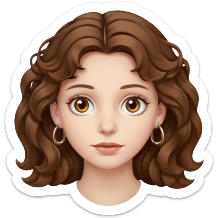 Create a brown haired girl with hazel eyes and wavy hair with pale skin and tony silver hoops￼ sticker