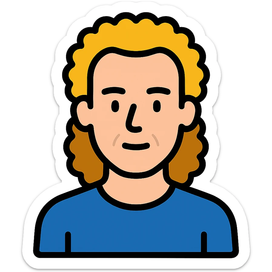 white man in his 40s, long tight curly hair with short sides sticker