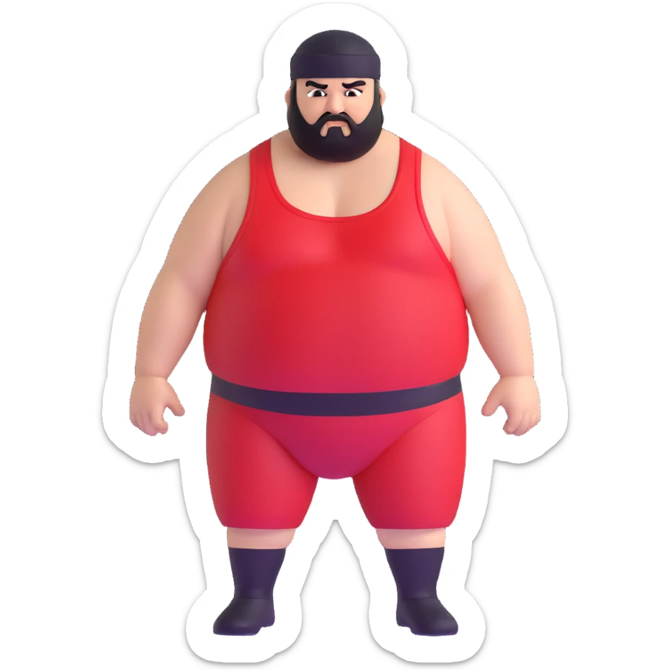 Extreme close-up of face of morbidly obese white skin guy with young face, prominent BLACK DURAG tied clearly on head, distinct black beard and mustache, black eyes in a red and black wrestling singlet with angry expression sticker