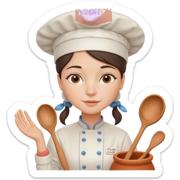 cartoon Apple iOS emoji style woman, pastel colors, Chilean wooden kitchen background, clay pots, warm light, detailed and clean vector art sticker