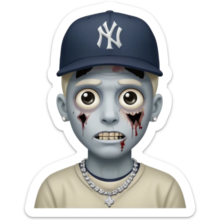 Zombie con aretes con una gorra new York yankee y una cadena de diamante hombre aretes pequeños y de negro y blanco  aretes pequeños  sticker