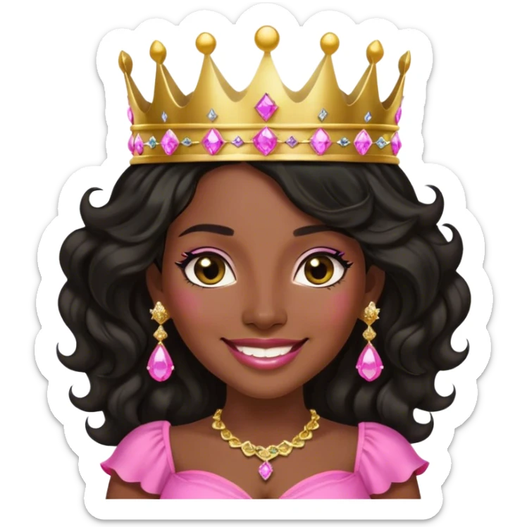 Crown dark black women smiling with really longer lightly WAVY hair pink dress pink crown facing forward black hair middle age adult woman gold gems in crown gold earrings  one woman smiling wink head only sticker