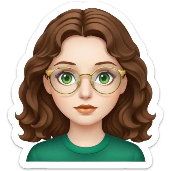 woman with pale skin, brown wavy hair, green eyes, gold glasses sticker