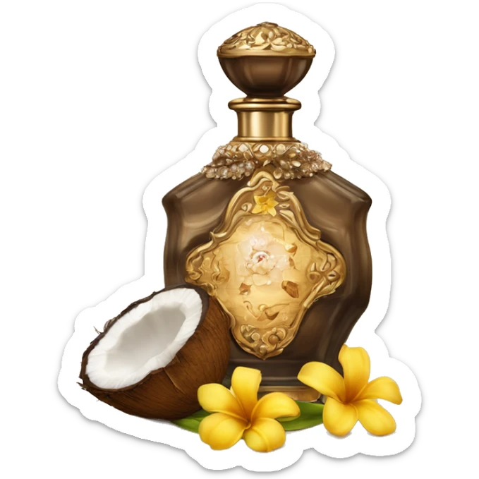 An antique perfume bottle with oil made of bronze and brown crystals, coconut, cream and coffee milk flow, yellow flowers of fragrant vanilla lie next to it sticker