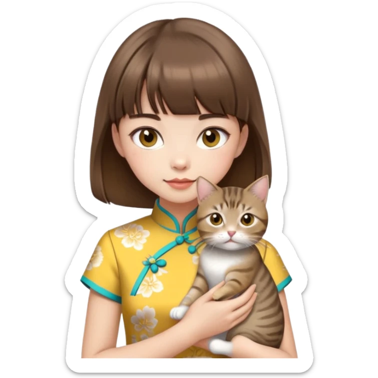 girl with brown hair and bangs wearing yellow qipao with a gray tabby cat sticker