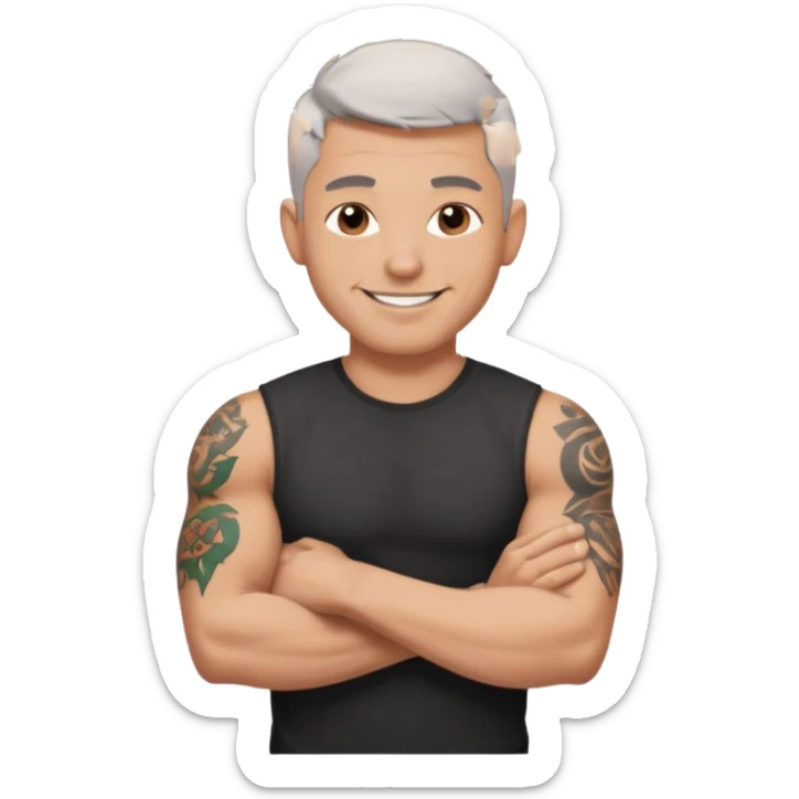 un homme de 35 ans, cheveux très court gris, qui sourit, musclé avec le bras droit tatoué et un tee shirt noir sticker